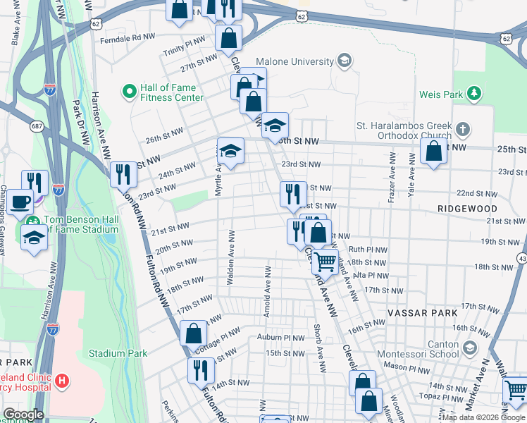 map of restaurants, bars, coffee shops, grocery stores, and more near 1227 21st Street Northwest in Canton