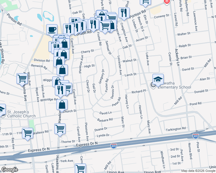 map of restaurants, bars, coffee shops, grocery stores, and more near 115 Foster Road in Lake Ronkonkoma