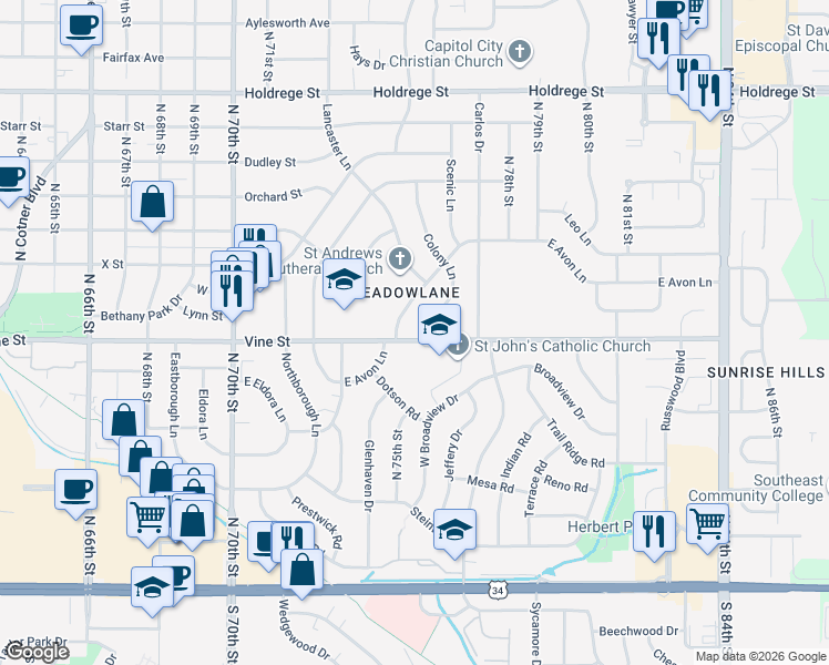 map of restaurants, bars, coffee shops, grocery stores, and more near 7520 Vine Street in Lincoln