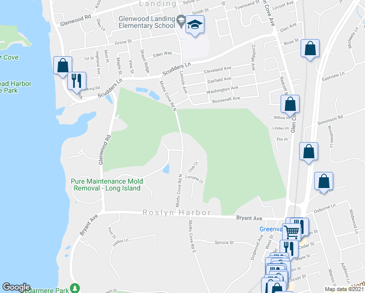 map of restaurants, bars, coffee shops, grocery stores, and more near 720 Motts Cove Road North in Roslyn Harbor