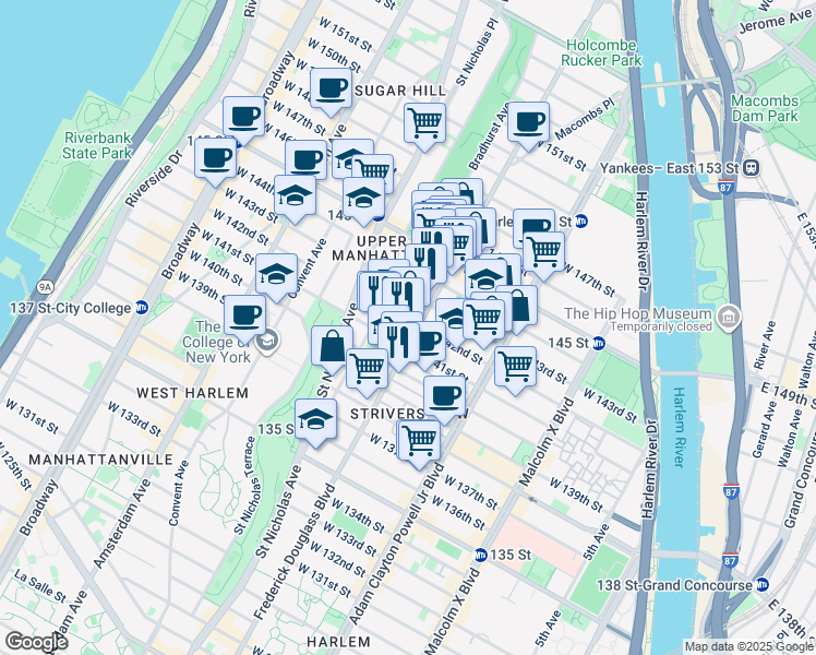 map of restaurants, bars, coffee shops, grocery stores, and more near 2655 Frederick Douglass Boulevard in New York