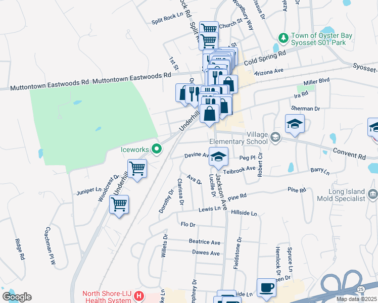 map of restaurants, bars, coffee shops, grocery stores, and more near 34 Devine Avenue in Syosset