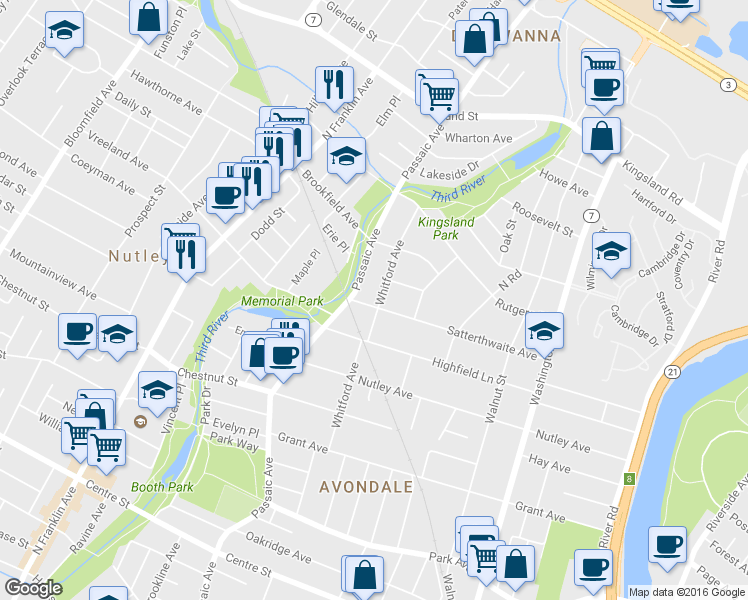 map of restaurants, bars, coffee shops, grocery stores, and more near 238 Satterthwaite Avenue in Nutley
