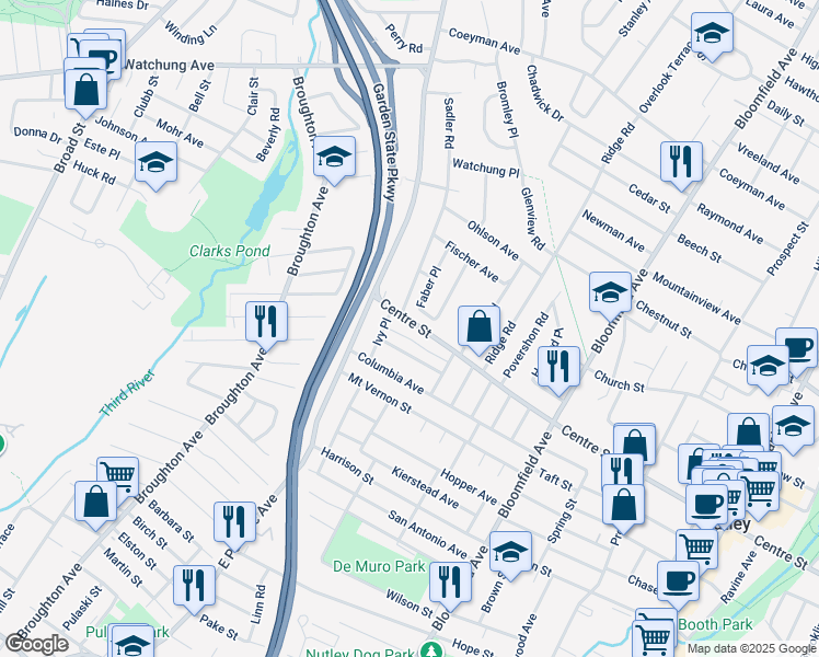 map of restaurants, bars, coffee shops, grocery stores, and more near 715 Centre Street in Nutley