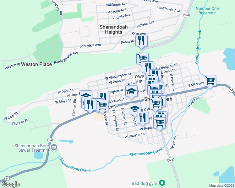 map of restaurants, bars, coffee shops, grocery stores, and more near 407 West Lloyd Street in Shenandoah