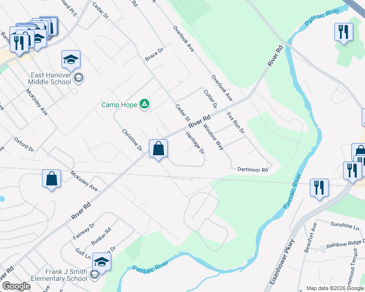 map of restaurants, bars, coffee shops, grocery stores, and more near 5 Raquel Court in East Hanover