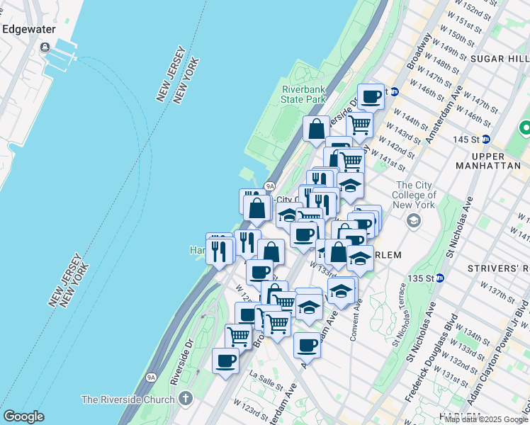 map of restaurants, bars, coffee shops, grocery stores, and more near 12th Avenue in New York