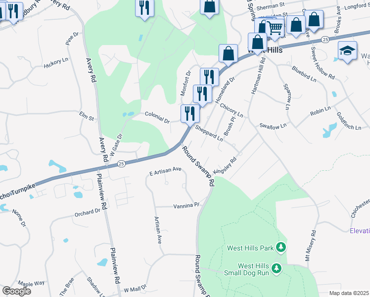 map of restaurants, bars, coffee shops, grocery stores, and more near 6 Round Swamp Road in Huntington