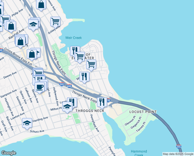 map of restaurants, bars, coffee shops, grocery stores, and more near 3167 Wissman Avenue in Bronx
