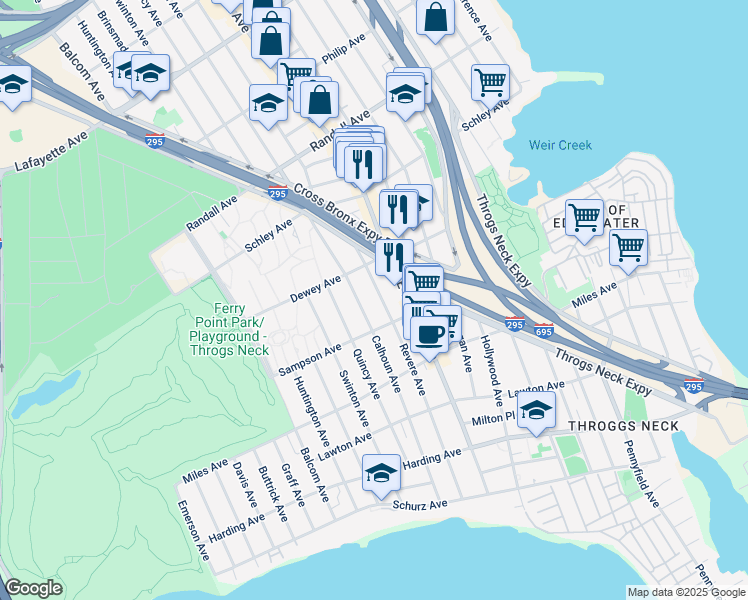 map of restaurants, bars, coffee shops, grocery stores, and more near 423 Revere Avenue in Bronx