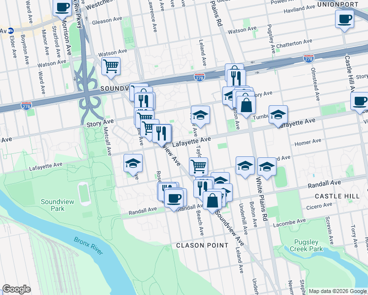 map of restaurants, bars, coffee shops, grocery stores, and more near 744 Saint Lawrence Avenue in Bronx