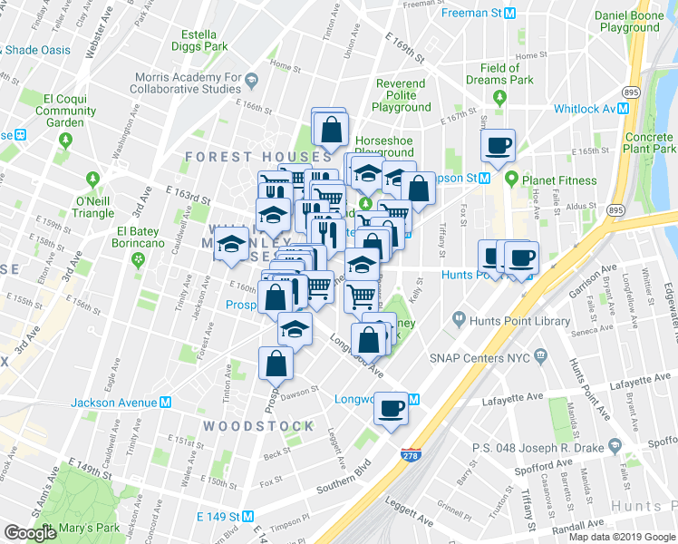 map of restaurants, bars, coffee shops, grocery stores, and more near 900 Prospect Avenue in Bronx