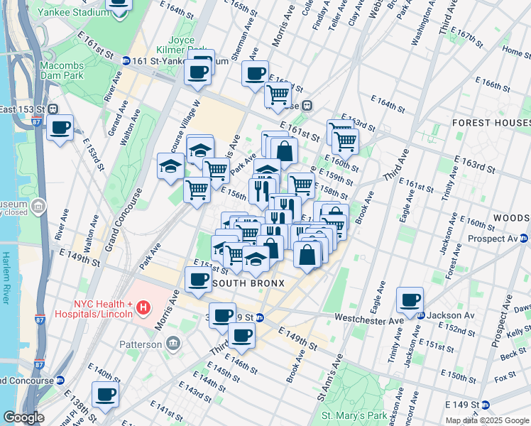 map of restaurants, bars, coffee shops, grocery stores, and more near 732 Courtlandt Avenue in The Bronx