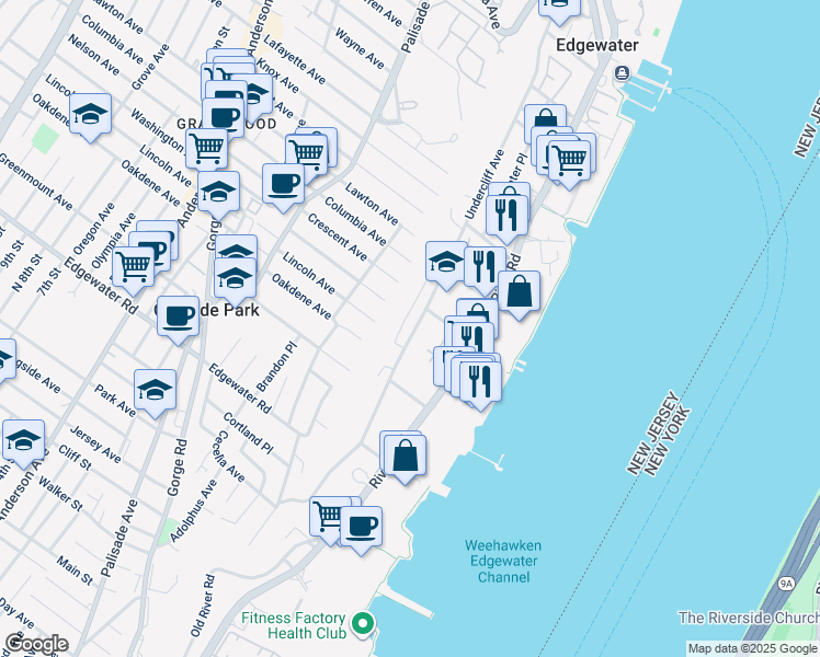map of restaurants, bars, coffee shops, grocery stores, and more near 208 Undercliff Avenue in Edgewater