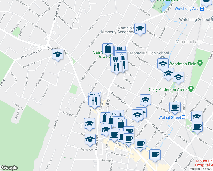 map of restaurants, bars, coffee shops, grocery stores, and more near 315 Claremont Avenue in Montclair