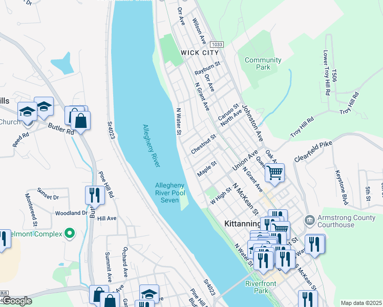 map of restaurants, bars, coffee shops, grocery stores, and more near 713 North Water Street in Kittanning