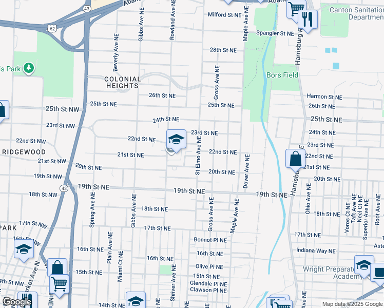 map of restaurants, bars, coffee shops, grocery stores, and more near 2109 Saint Elmo Avenue Northeast in Canton