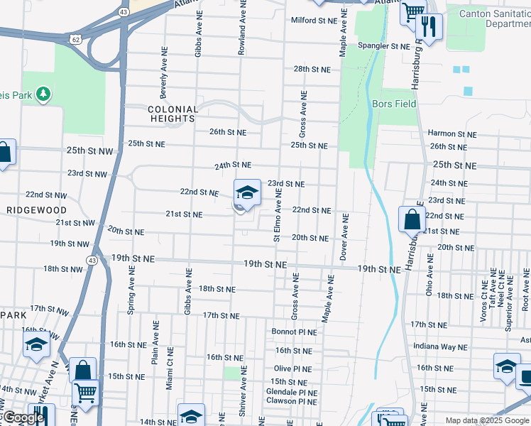 map of restaurants, bars, coffee shops, grocery stores, and more near 2109 Saint Elmo Avenue Northeast in Canton
