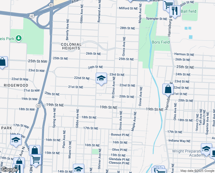 map of restaurants, bars, coffee shops, grocery stores, and more near 2100 Rowland Avenue Northeast in Canton