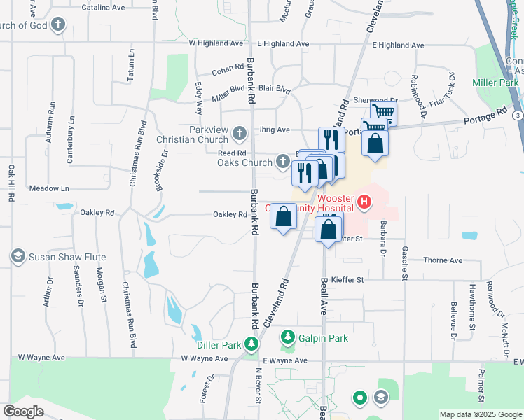 map of restaurants, bars, coffee shops, grocery stores, and more near 217 Kurtz Street in Wooster