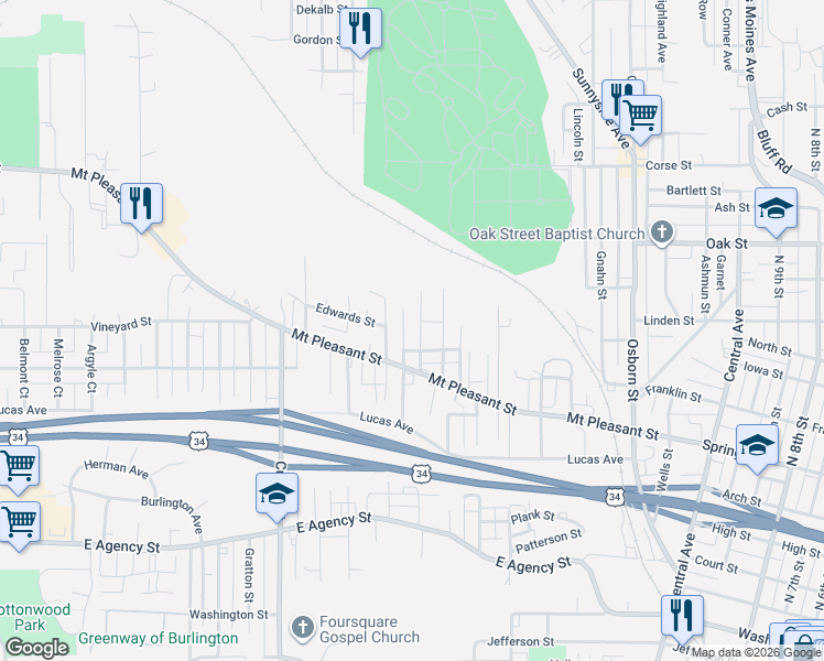 map of restaurants, bars, coffee shops, grocery stores, and more near 1121 Guenther Street in Burlington