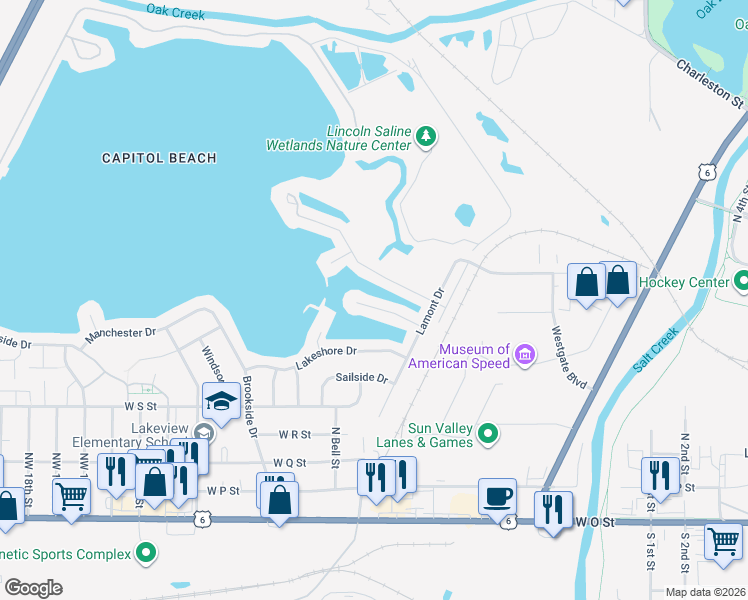 map of restaurants, bars, coffee shops, grocery stores, and more near 600 Pier 1 in Lincoln