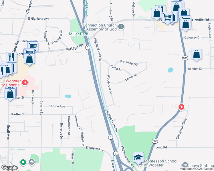 map of restaurants, bars, coffee shops, grocery stores, and more near 1682 Woodcrest Drive in Wooster