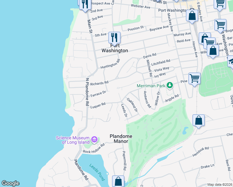 map of restaurants, bars, coffee shops, grocery stores, and more near 1 Leeds Drive in Port Washington