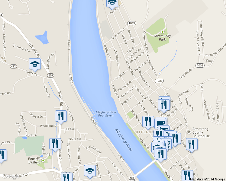 map of restaurants, bars, coffee shops, grocery stores, and more near 713 N Water St in Kittanning