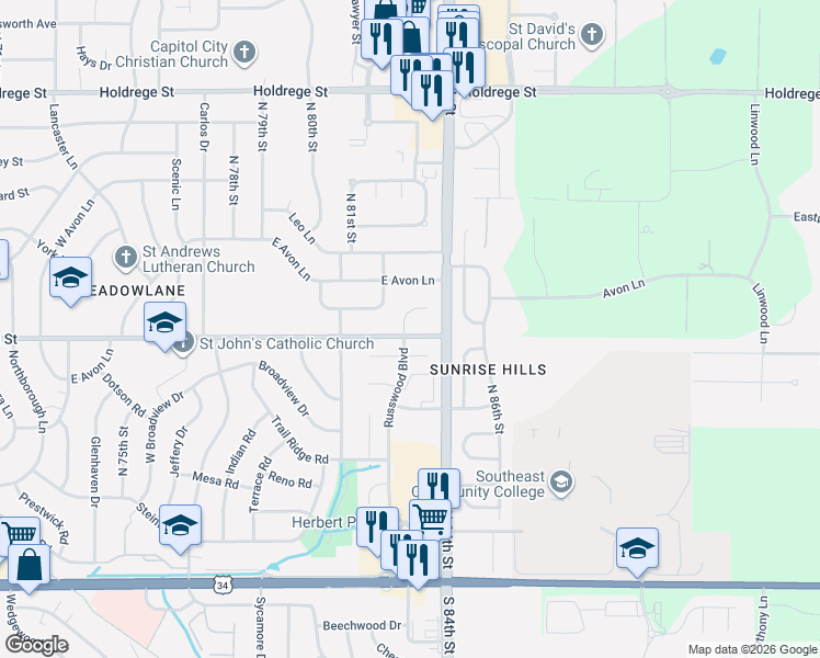 map of restaurants, bars, coffee shops, grocery stores, and more near 800 Manes Court in Lincoln