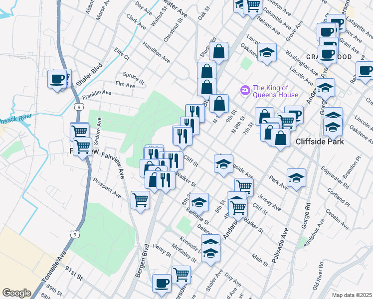 map of restaurants, bars, coffee shops, grocery stores, and more near 344 Bergen Boulevard in Fairview