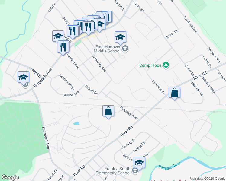 map of restaurants, bars, coffee shops, grocery stores, and more near 14 Park Terrace in East Hanover