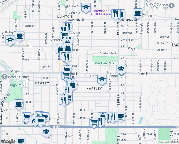 map of restaurants, bars, coffee shops, grocery stores, and more near 3014 Vine Street in Lincoln