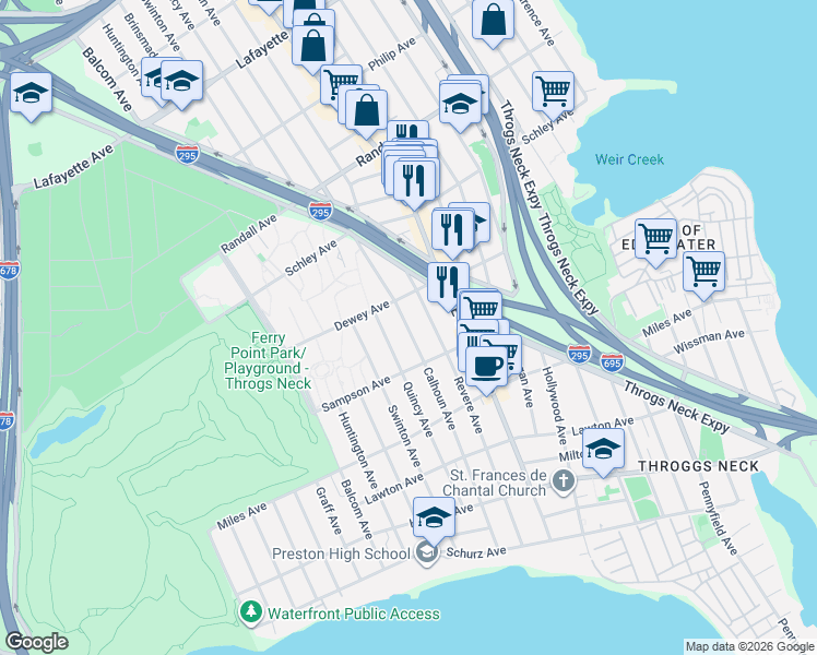 map of restaurants, bars, coffee shops, grocery stores, and more near 443 Calhoun Avenue in Bronx