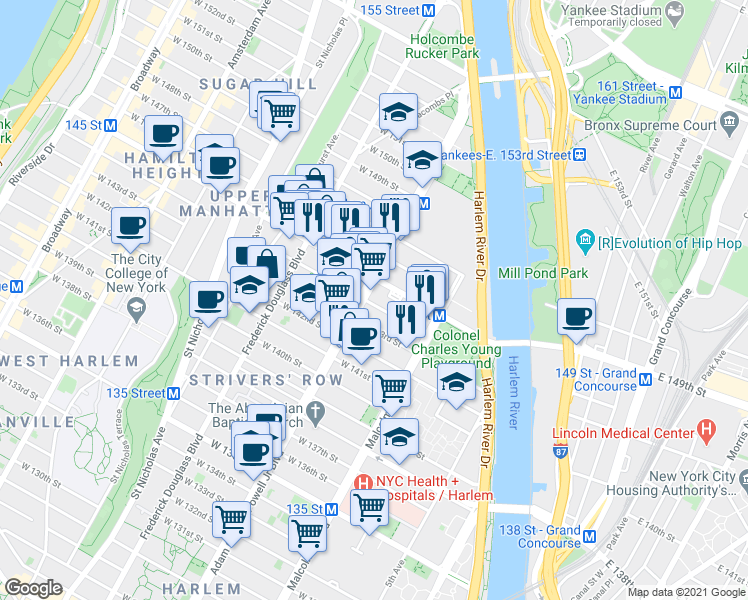 map of restaurants, bars, coffee shops, grocery stores, and more near 2481 Adam Clayton Powell Junior Boulevard in New York