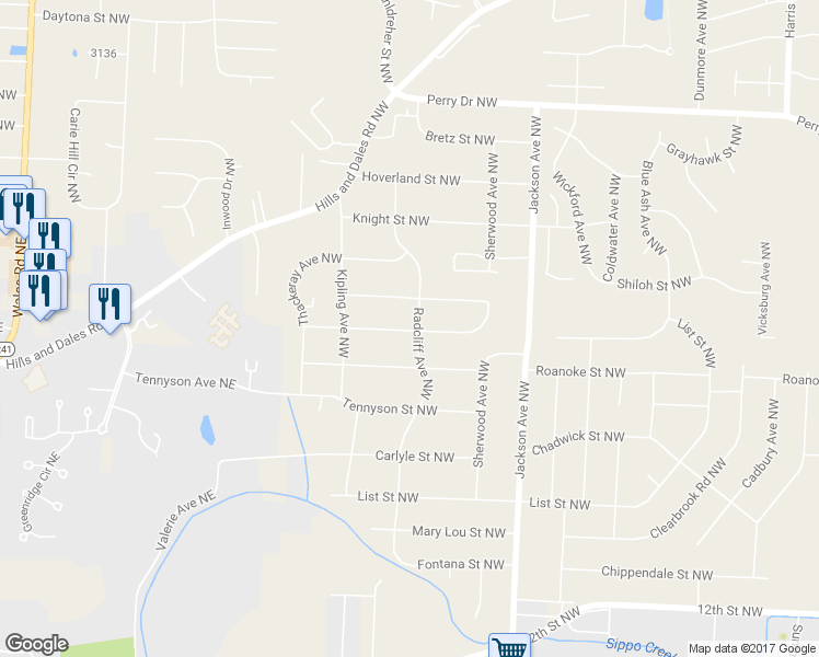 map of restaurants, bars, coffee shops, grocery stores, and more near 7303 Seymour St NW in Massillon