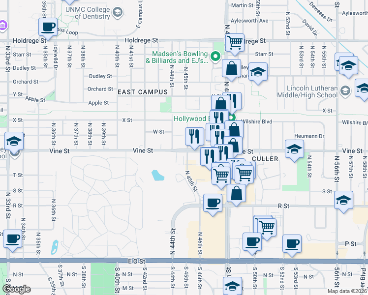 map of restaurants, bars, coffee shops, grocery stores, and more near 4438 Vine Street in Lincoln