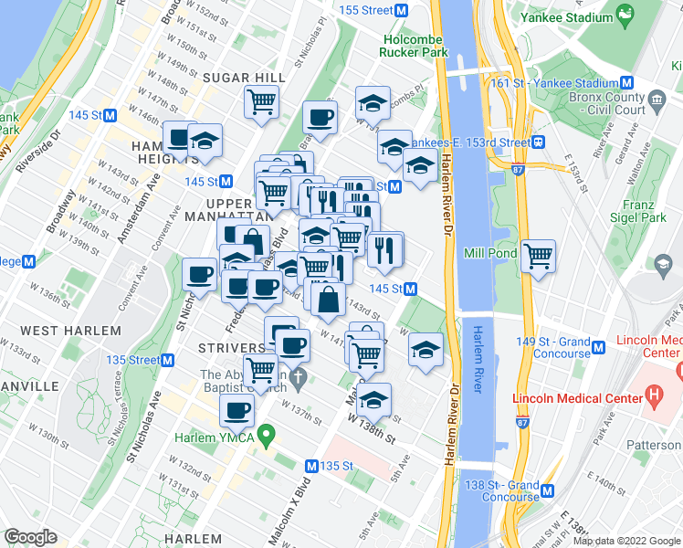 map of restaurants, bars, coffee shops, grocery stores, and more near 199 West 144th Street in New York
