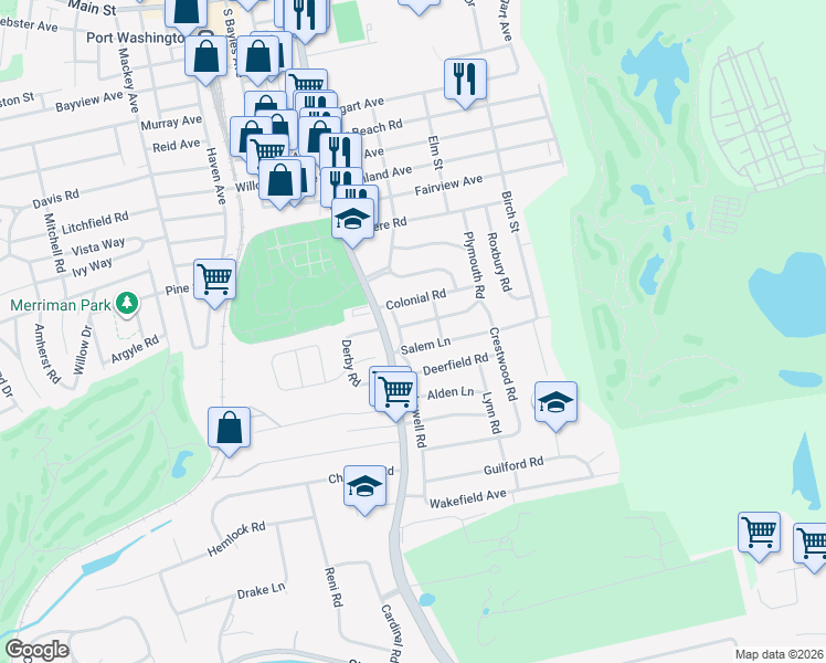 map of restaurants, bars, coffee shops, grocery stores, and more near 22 Lowell Road in Port Washington