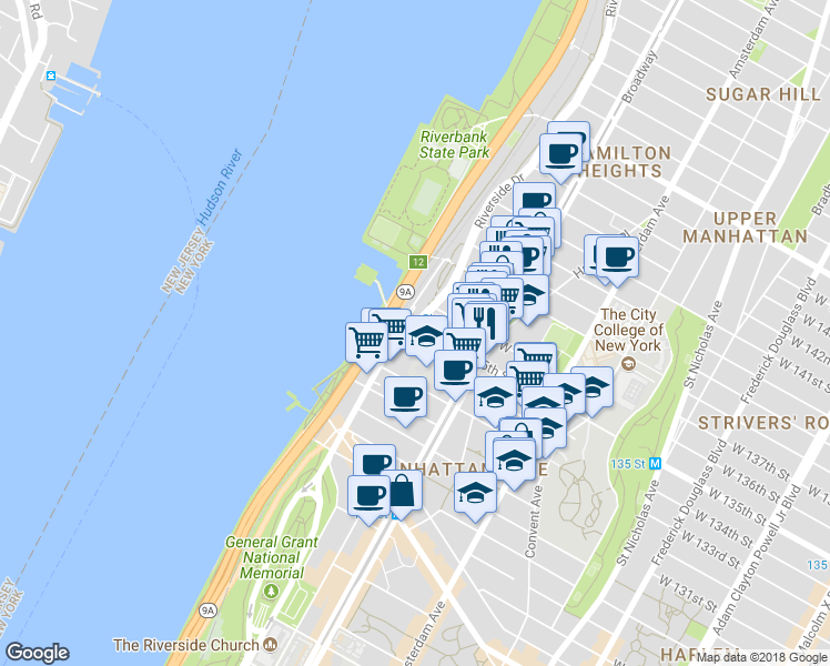 map of restaurants, bars, coffee shops, grocery stores, and more near 636 West 135th Street in New York