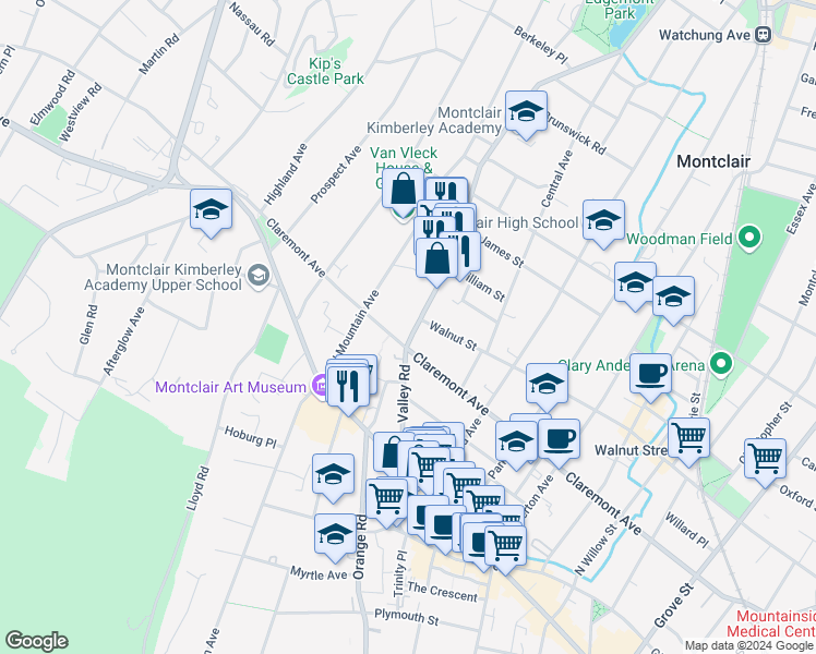 map of restaurants, bars, coffee shops, grocery stores, and more near 315 Claremont Avenue in Montclair
