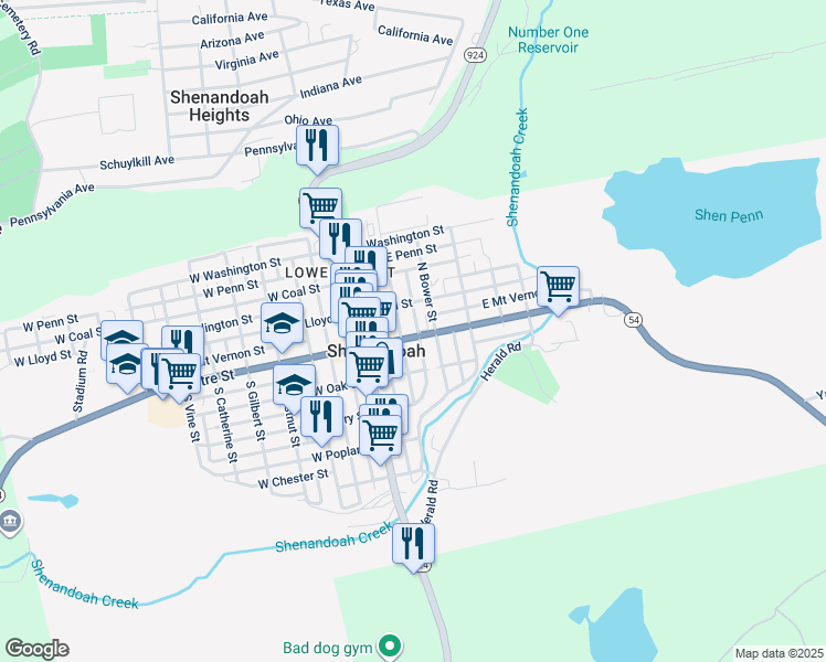 map of restaurants, bars, coffee shops, grocery stores, and more near 119 East Centre Street in Shenandoah
