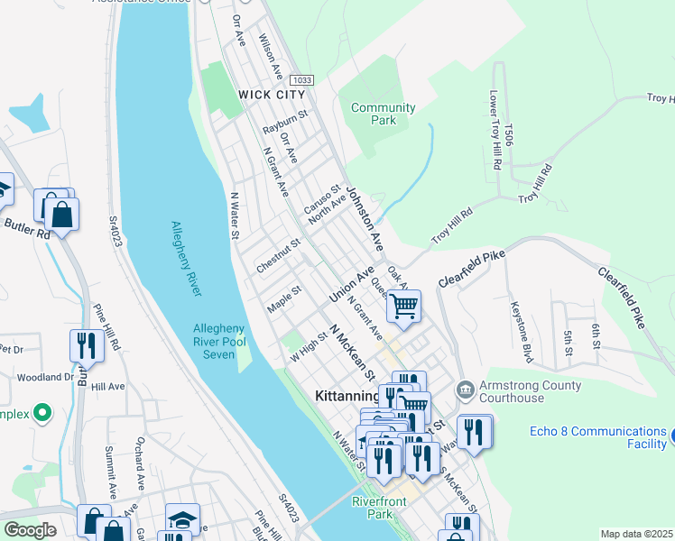 map of restaurants, bars, coffee shops, grocery stores, and more near 518 North Grant Avenue in Kittanning