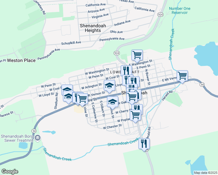 map of restaurants, bars, coffee shops, grocery stores, and more near 232 Lloyd Street in Shenandoah