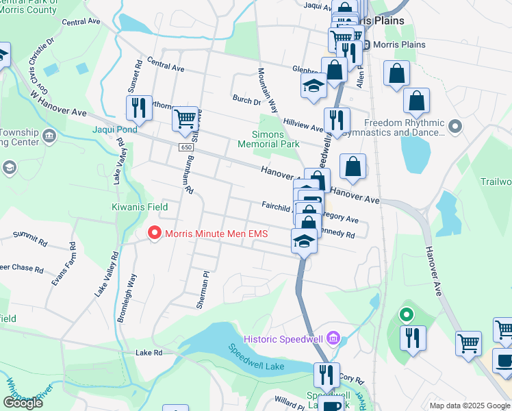 map of restaurants, bars, coffee shops, grocery stores, and more near 38 Fairchild Avenue in Morris Plains