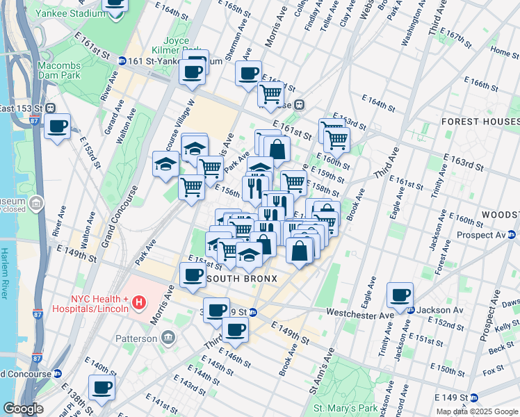 map of restaurants, bars, coffee shops, grocery stores, and more near 732 Courtlandt Avenue in The Bronx