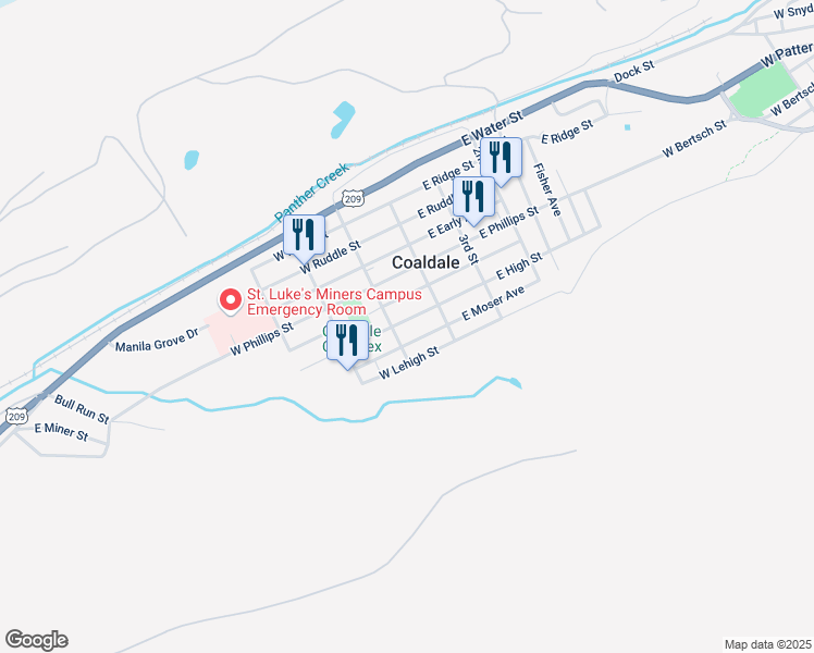 map of restaurants, bars, coffee shops, grocery stores, and more near 36 West High Street in Coaldale
