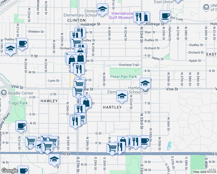 map of restaurants, bars, coffee shops, grocery stores, and more near 3014 Vine Street in Lincoln