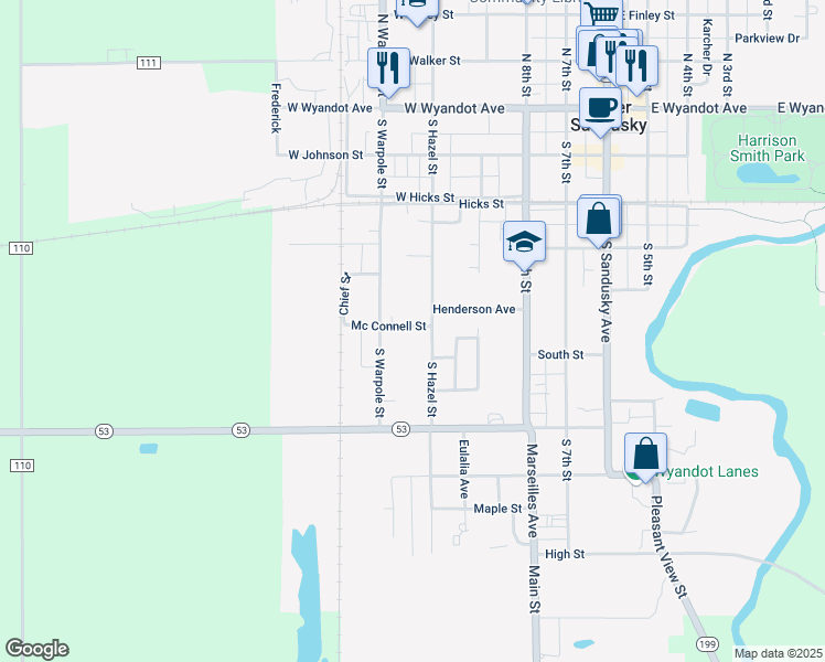 map of restaurants, bars, coffee shops, grocery stores, and more near 411 Mc Connell Street in Upper Sandusky