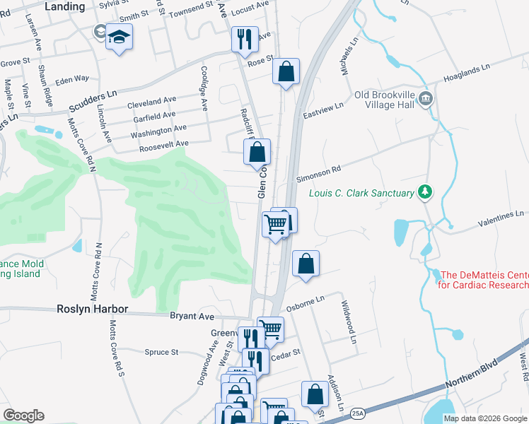 map of restaurants, bars, coffee shops, grocery stores, and more near 105 Simonson Road in Glen Head